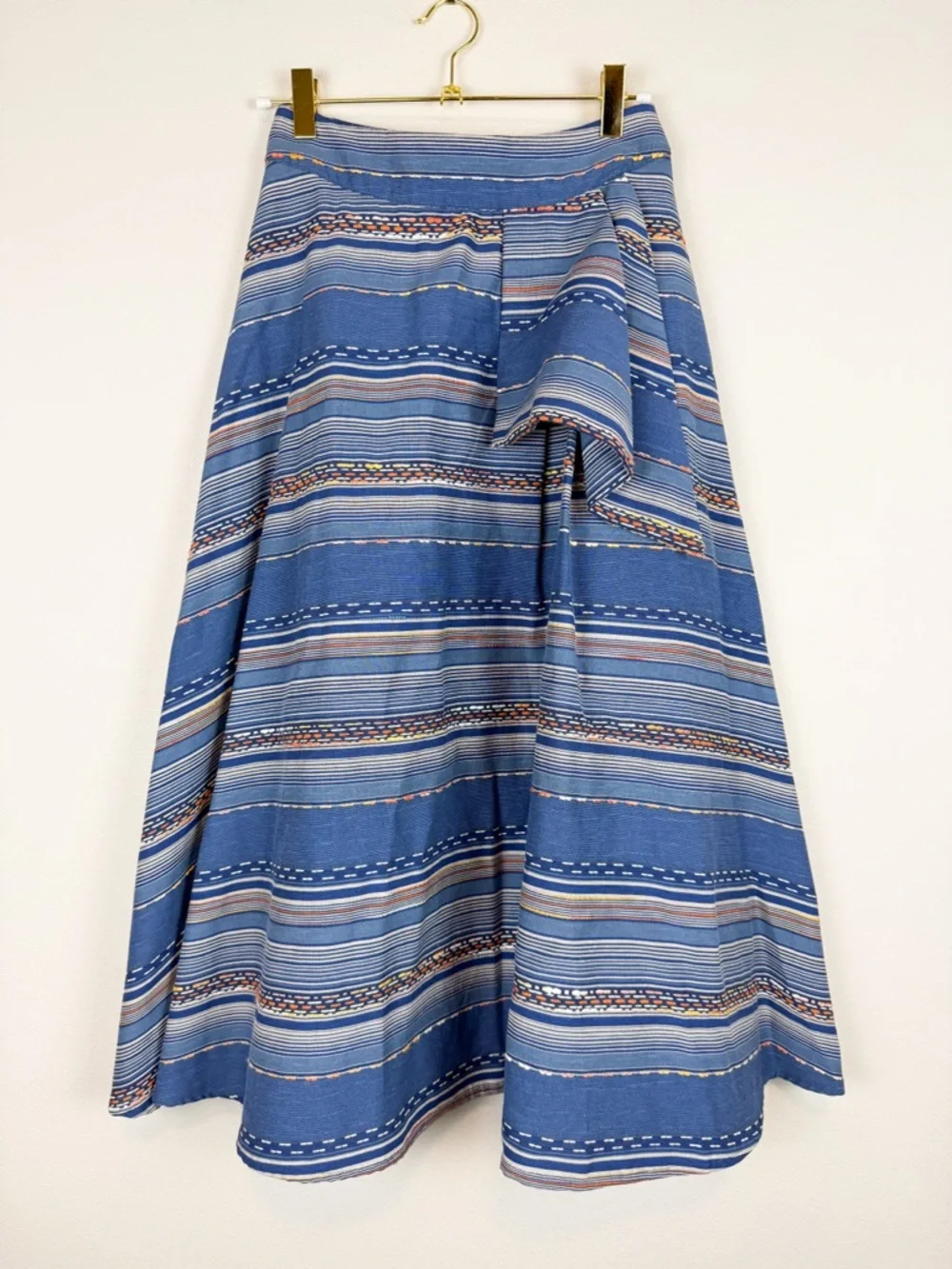 Eva Franco Liv A-Line Blue Striped Embroidered Midi Skirt Southwestern Size 2